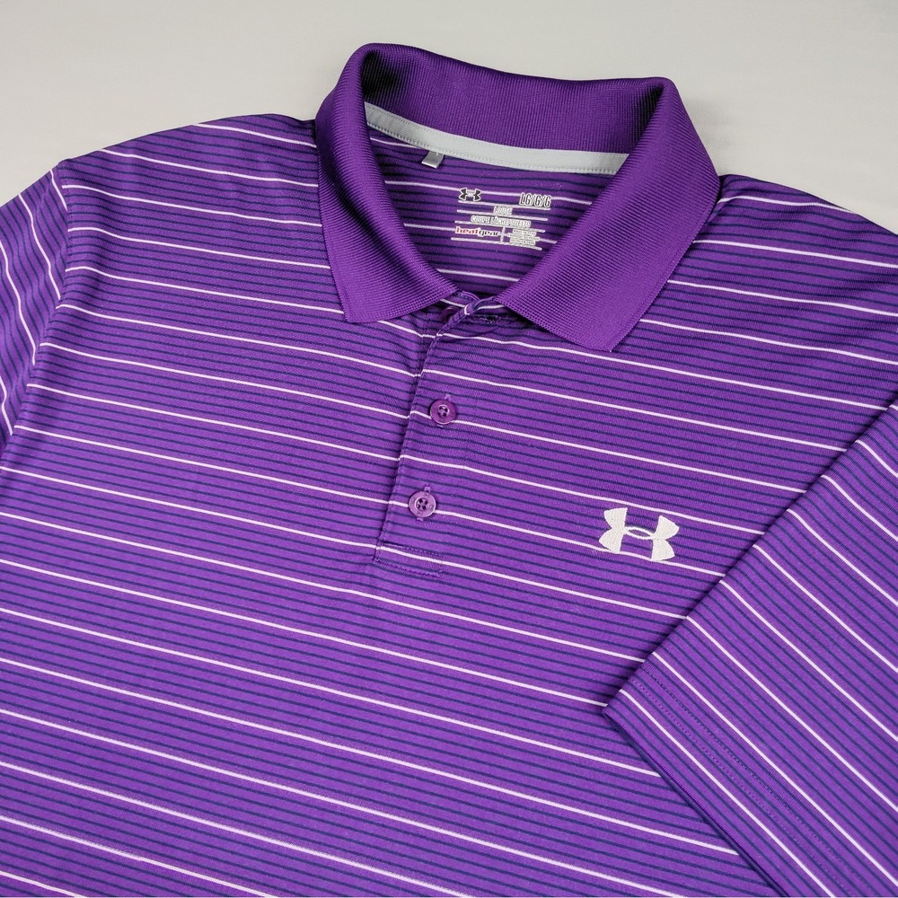 Under Armour Mens HeatGear Striped Polo Shirt Purple Large Loose Fit Golf Tee